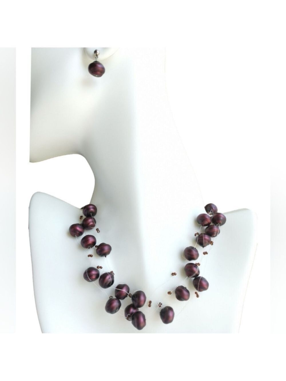 Czech Beaded Faux Pearl Necklace Earrings Set Plum Purple